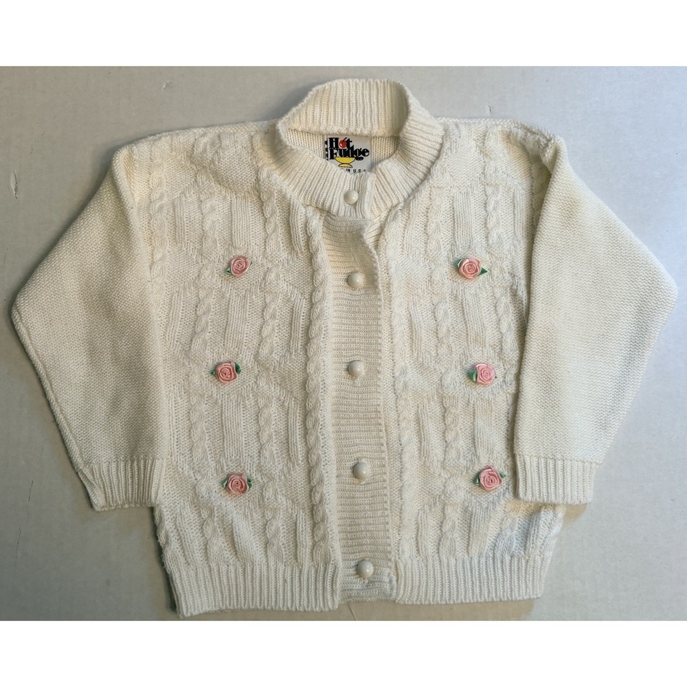 Vintage Hot Fudge Size 3T Cable Knit Cardigan White Ribbon Roses Made In USA